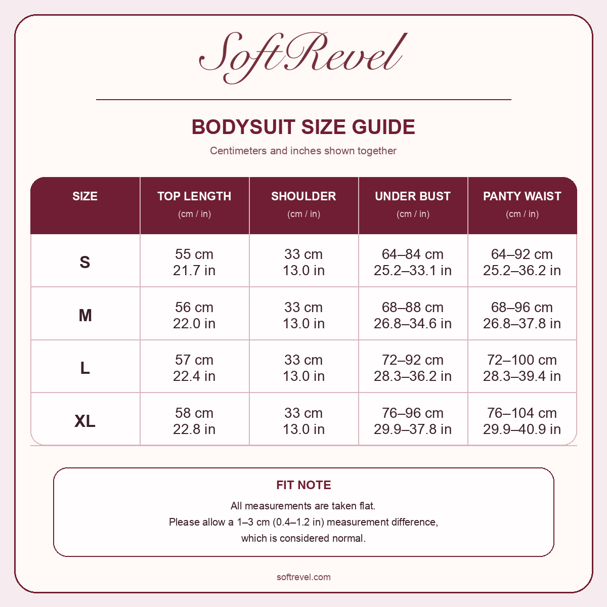SoftRevel Size Guide — cm and in