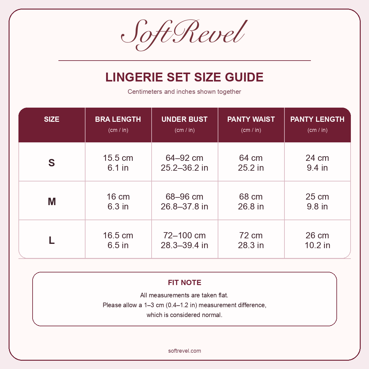 SoftRevel Size Guide — cm and in