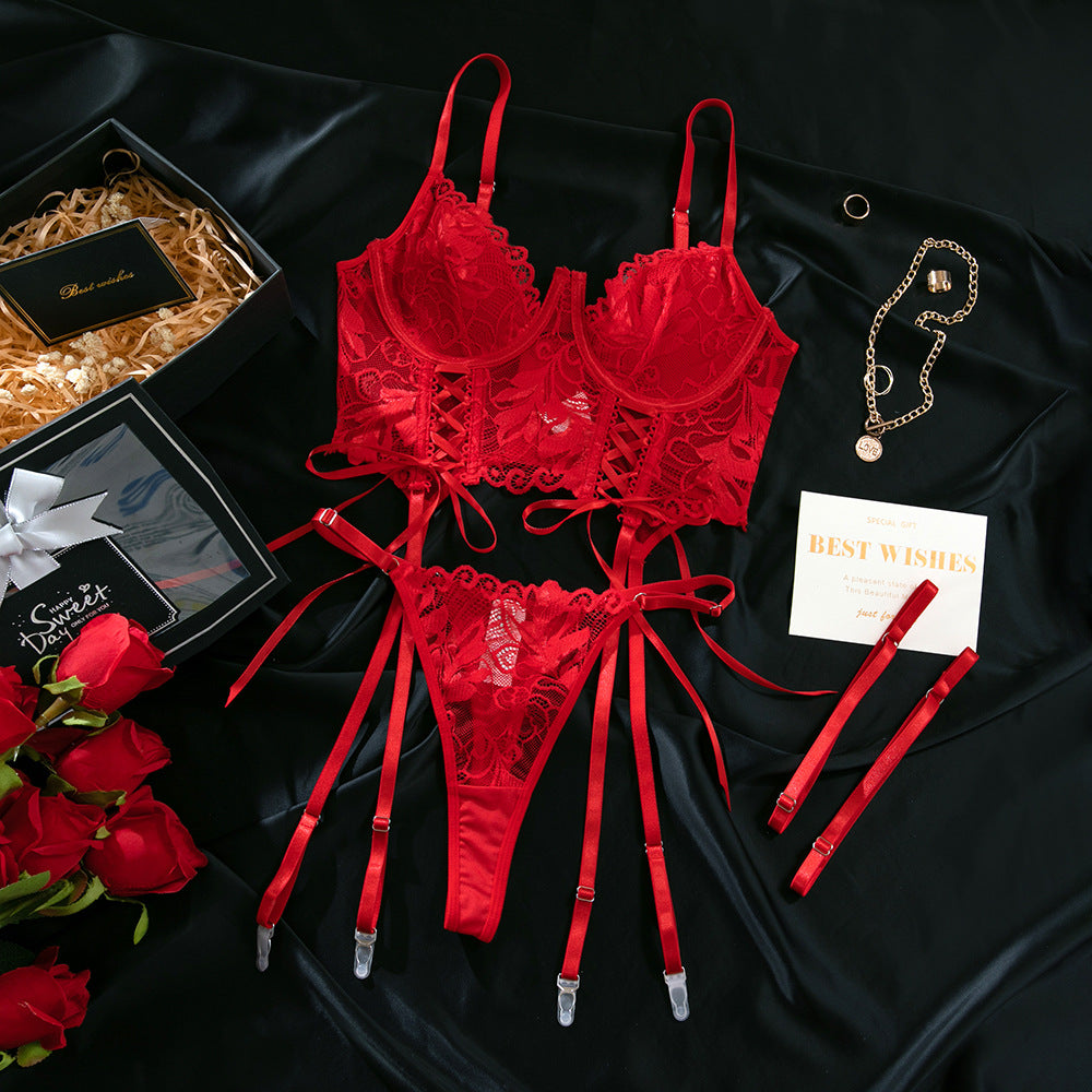 Red - Red Lace Push-Up Lingerie Set