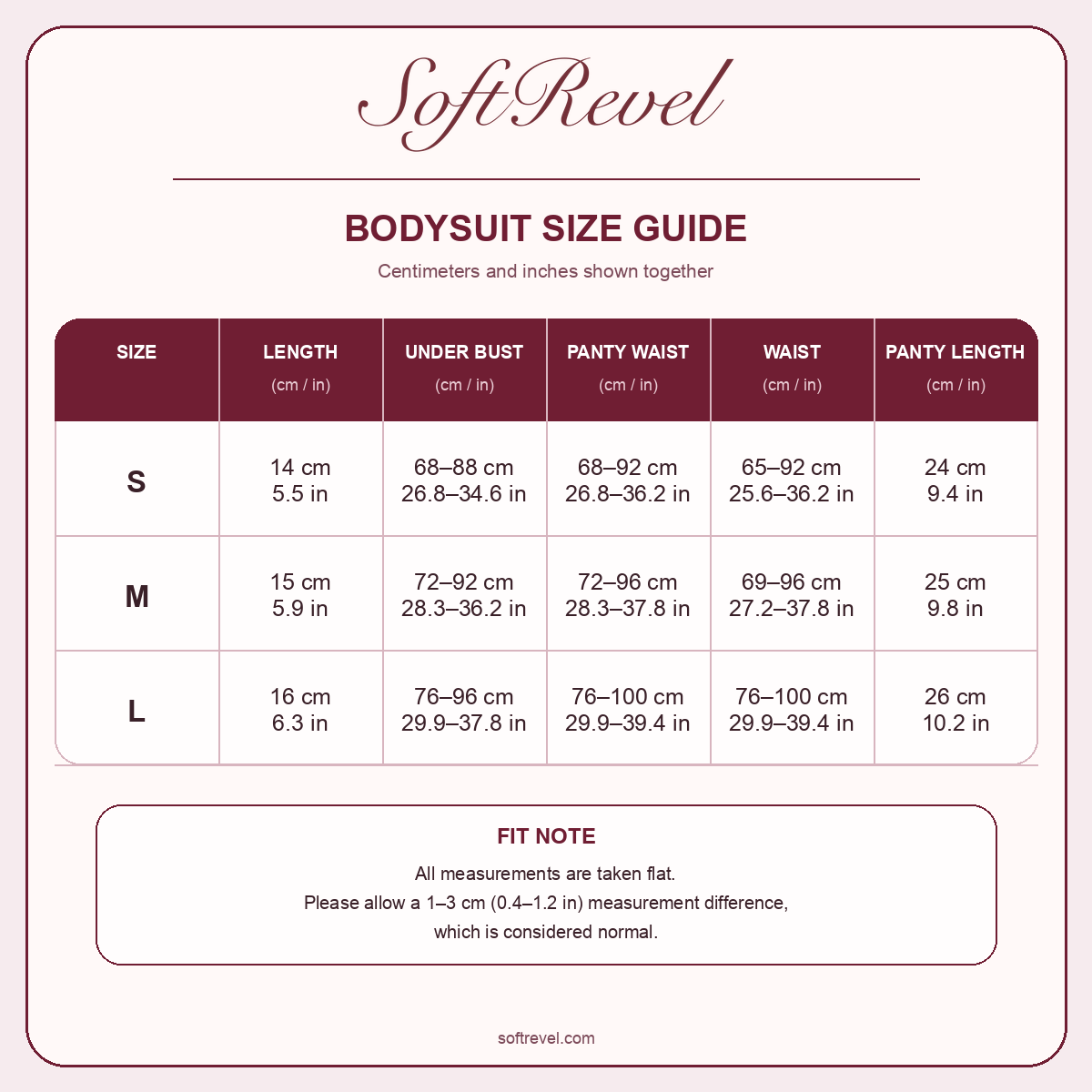 SoftRevel Size Guide — cm and in