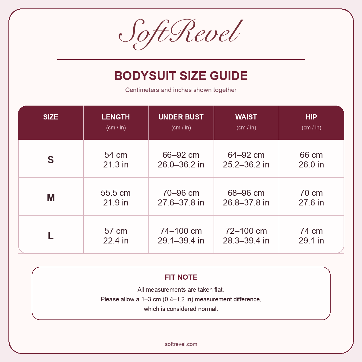 SoftRevel Size Guide — cm and in