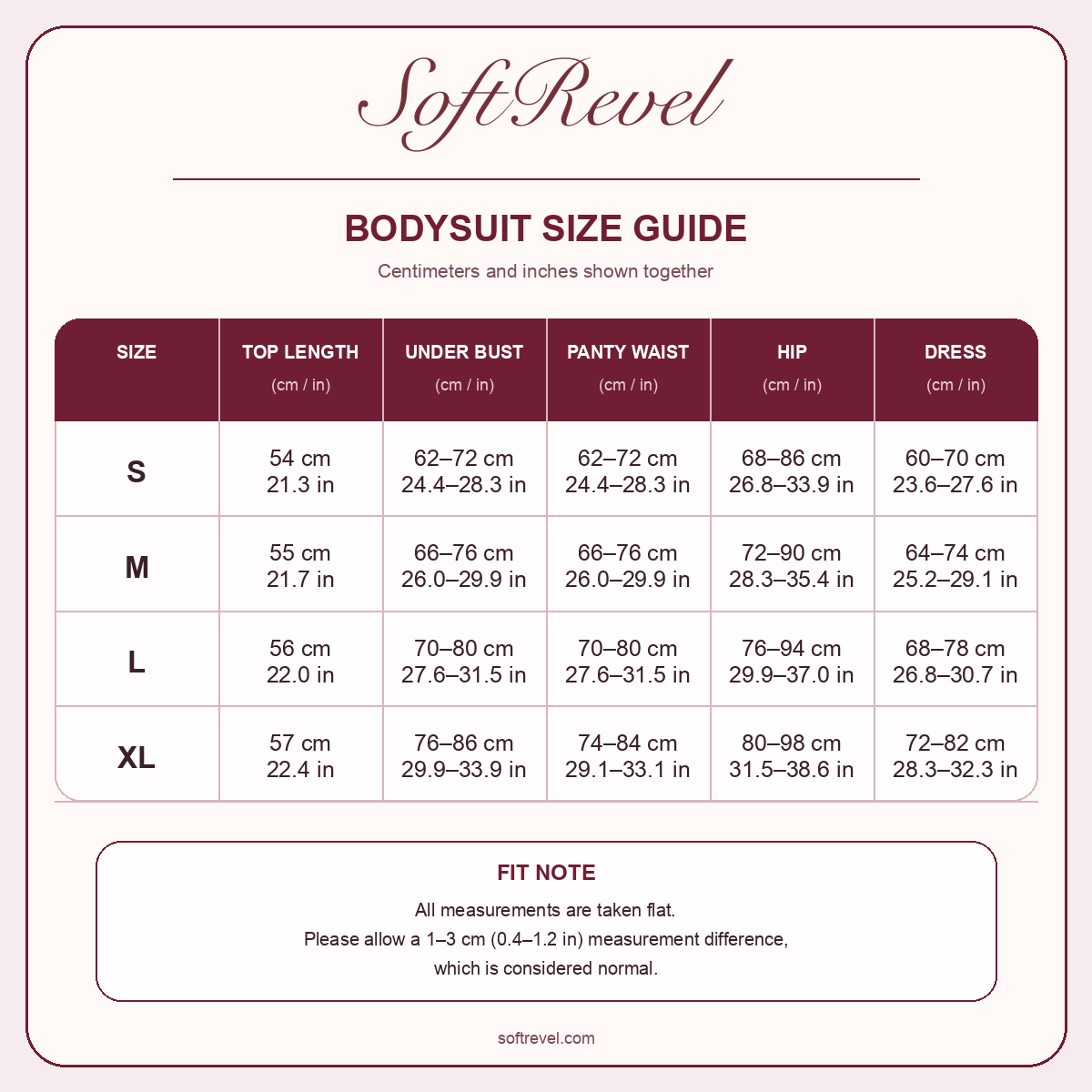 SoftRevel Size Guide — cm and in