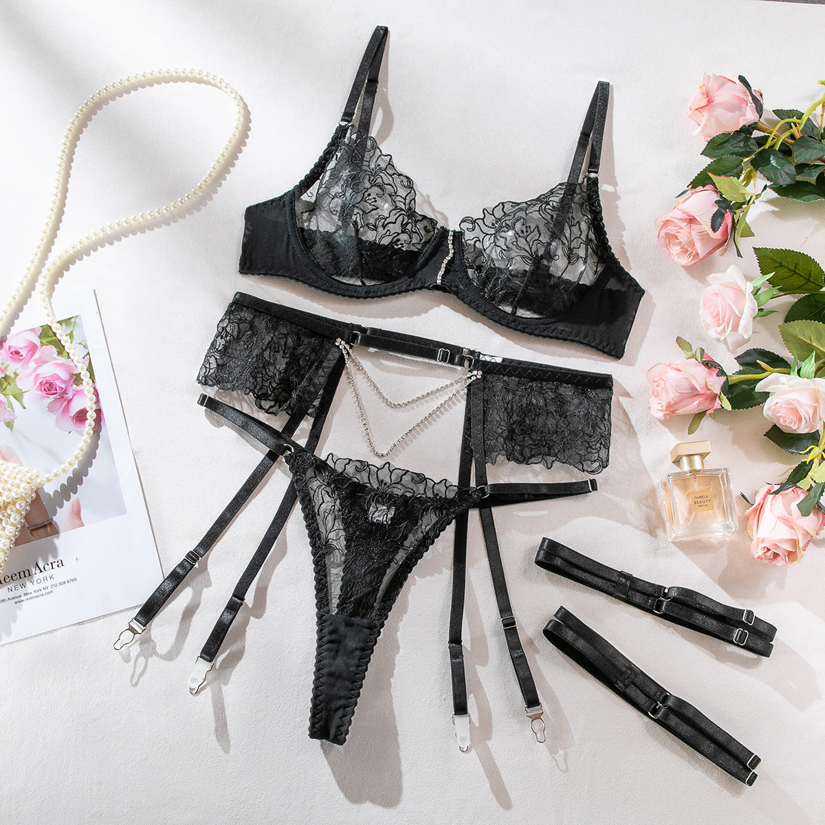 SoftRevel Sheer Mesh 3-Piece Set Chain Lingerie - flat lay