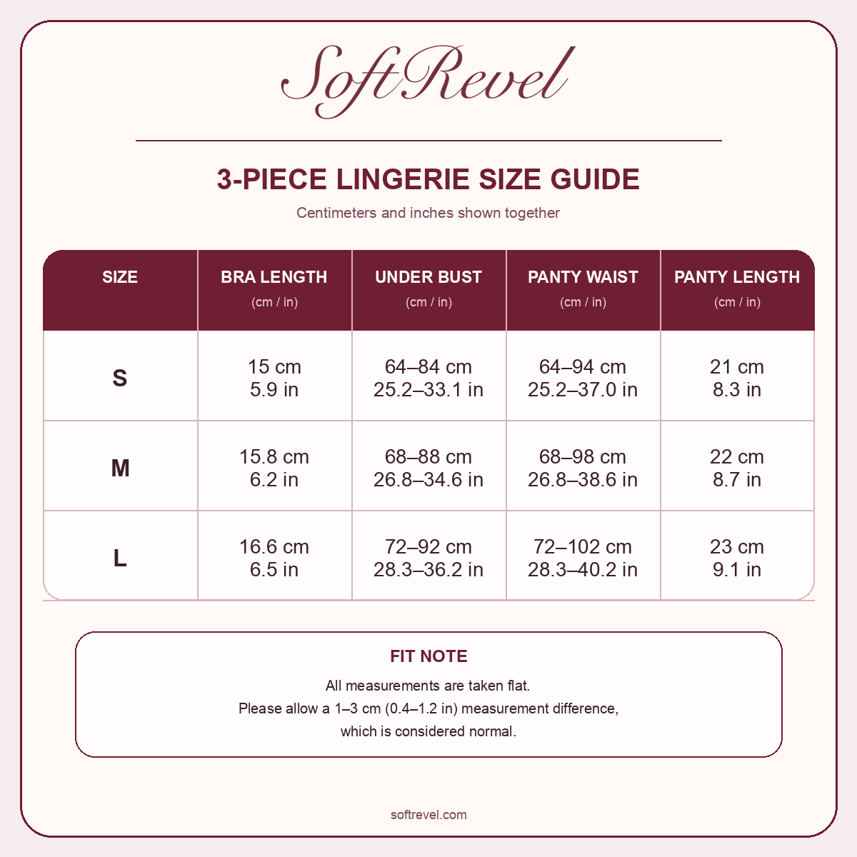 SoftRevel Size Guide — cm and in