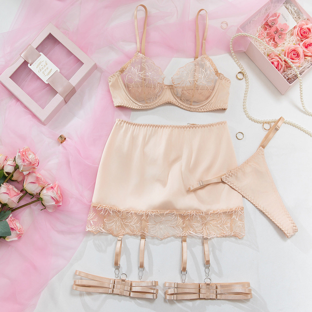 香槟色 - Sheer Mesh 3-Piece Set Garter Belt Lingerie