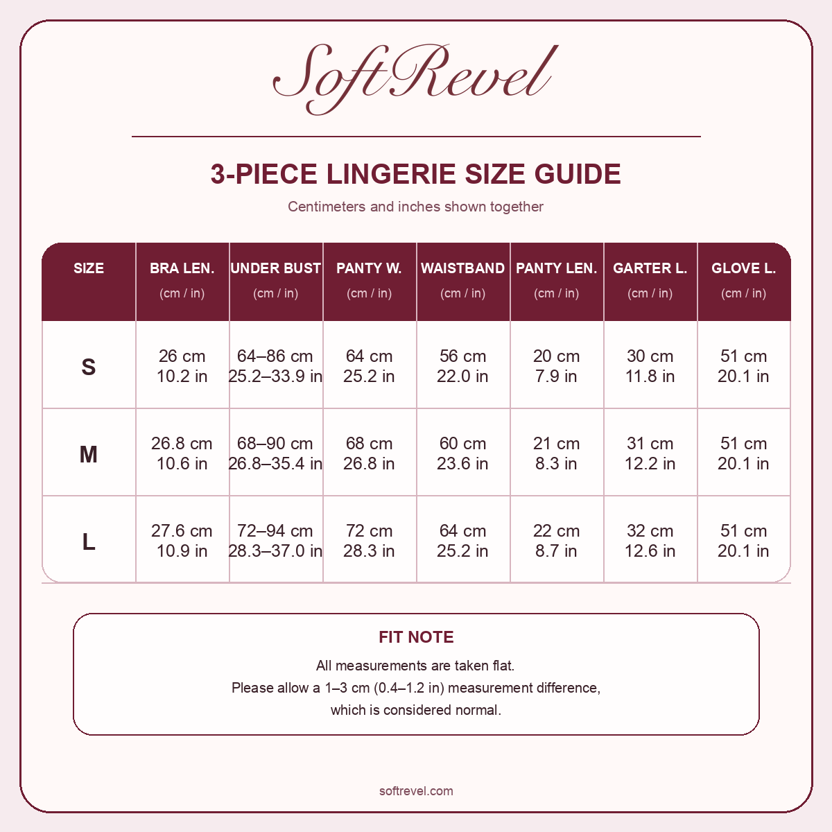 SoftRevel Size Guide — cm and in