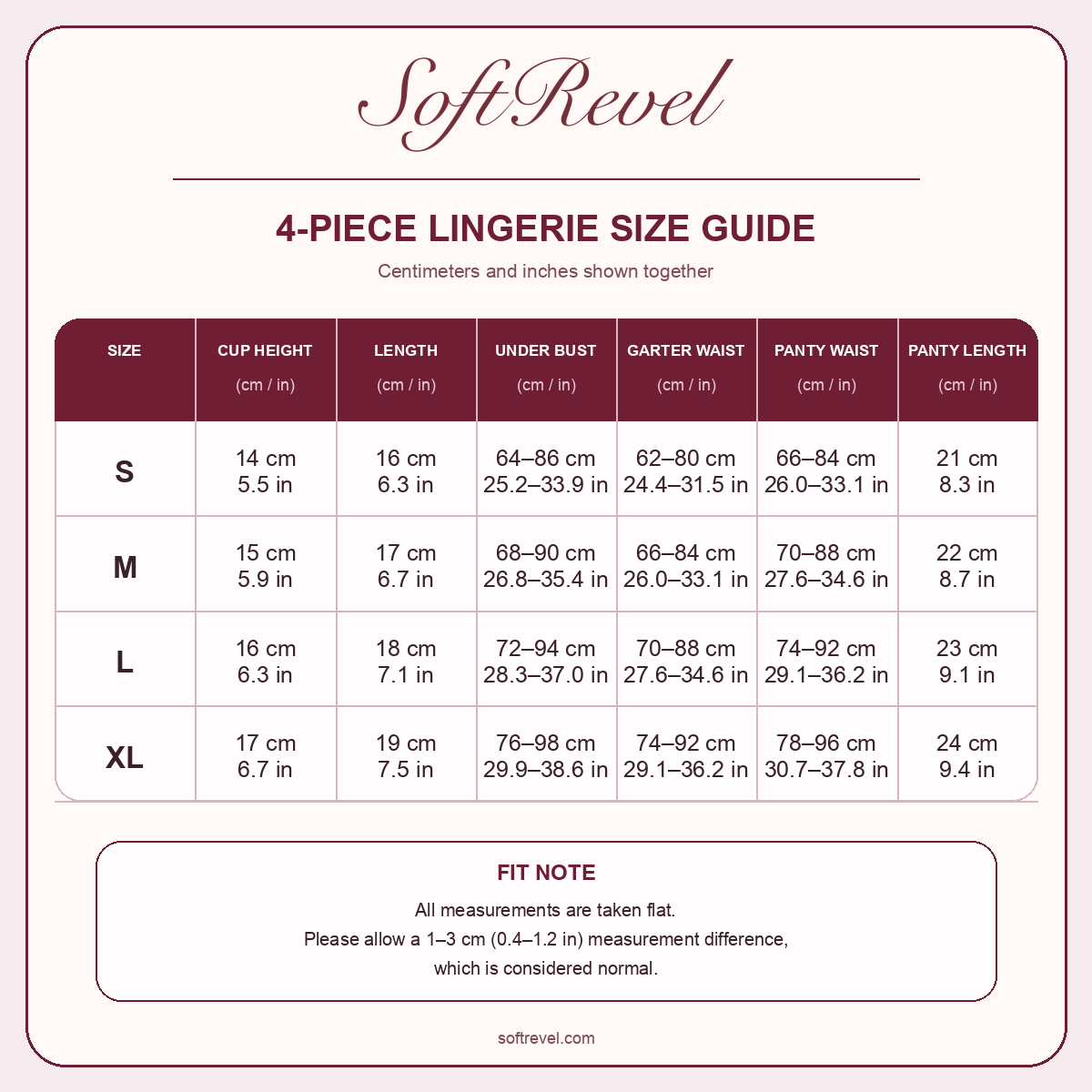 SoftRevel Size Guide — cm and in
