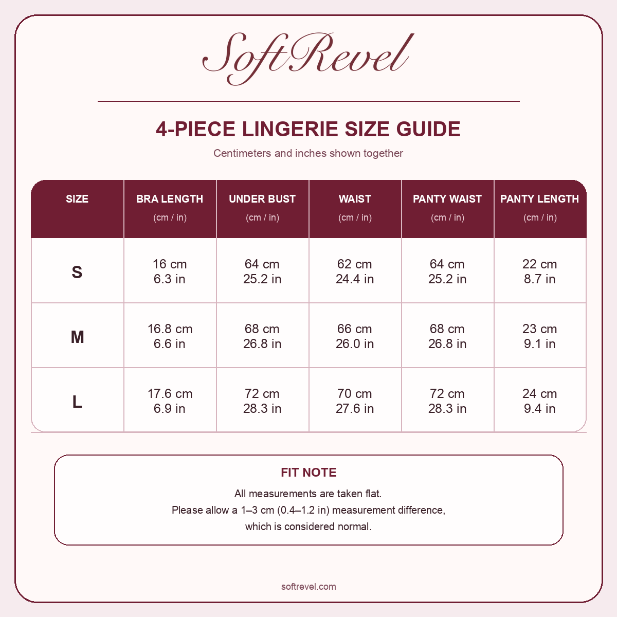 SoftRevel Size Guide — cm and in