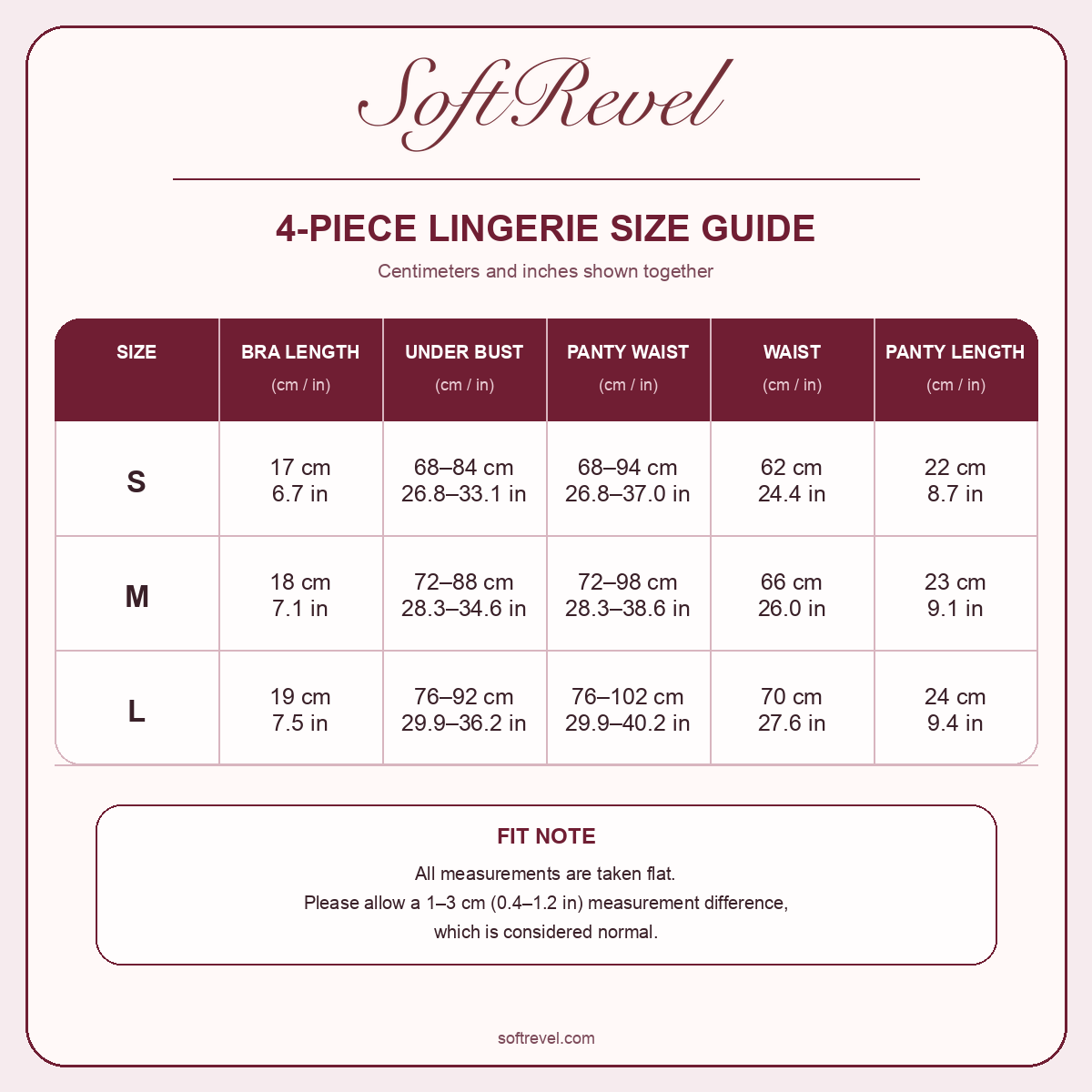 SoftRevel Size Guide — cm and in