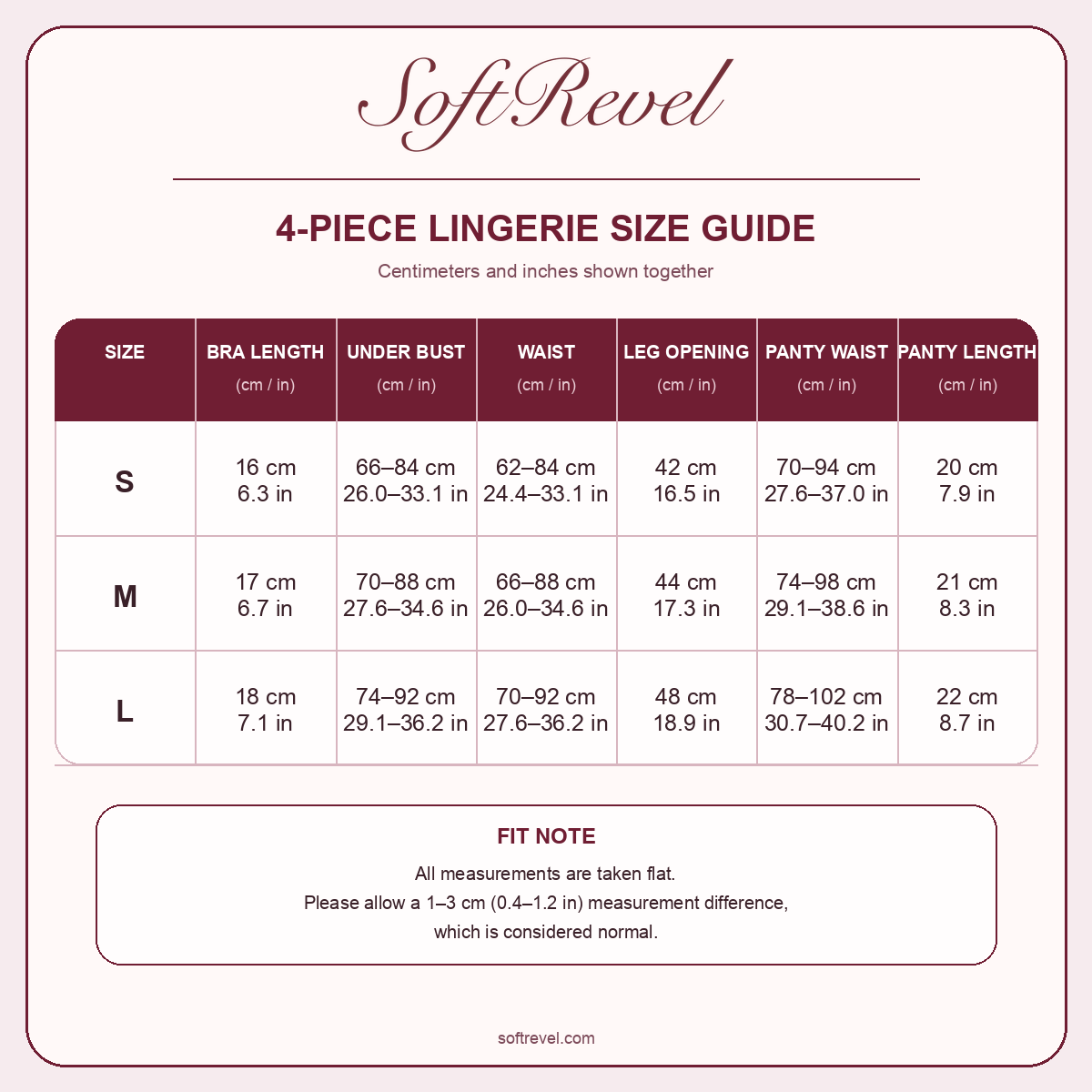 SoftRevel Size Guide — cm and in