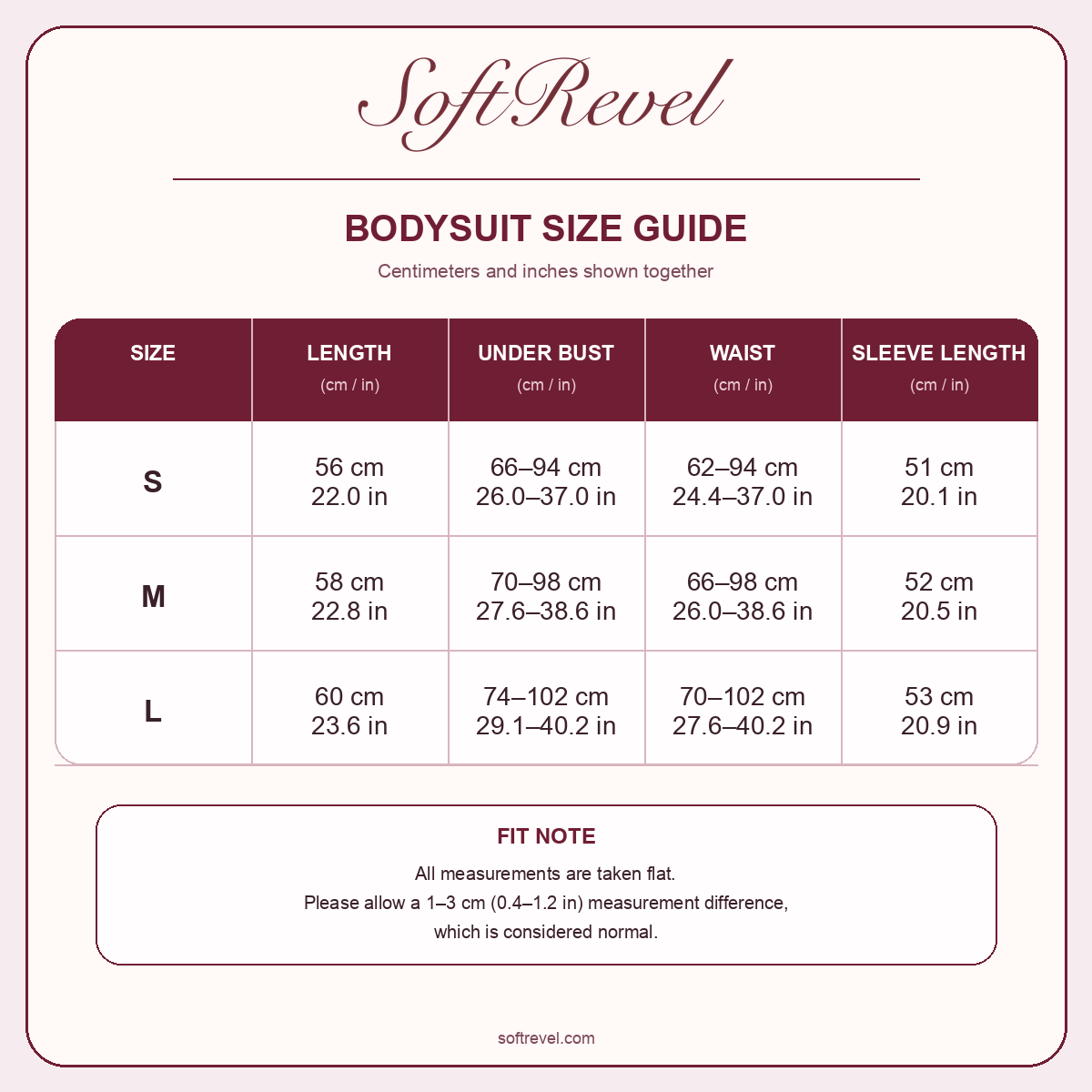 SoftRevel Size Guide — cm and in