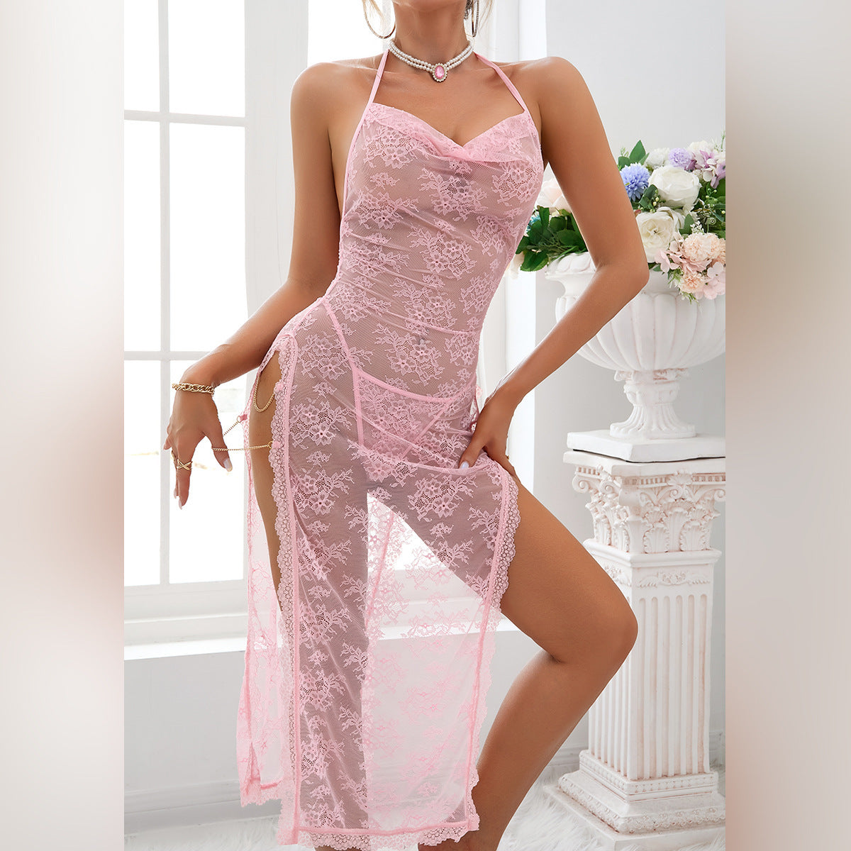 Sheer Mesh Chain High-Waist Babydoll Dress - detail view 14