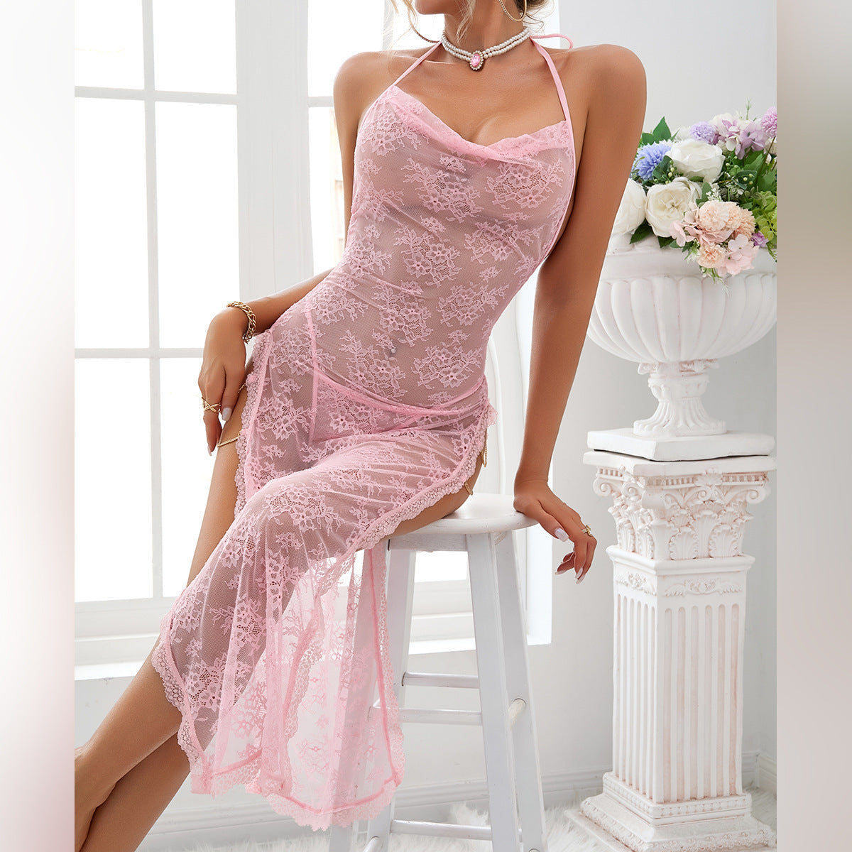 Sheer Mesh Chain High-Waist Babydoll Dress - detail view 15