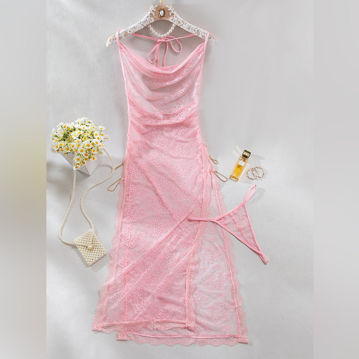 Sheer Mesh Chain High-Waist Babydoll Dress - detail view 30