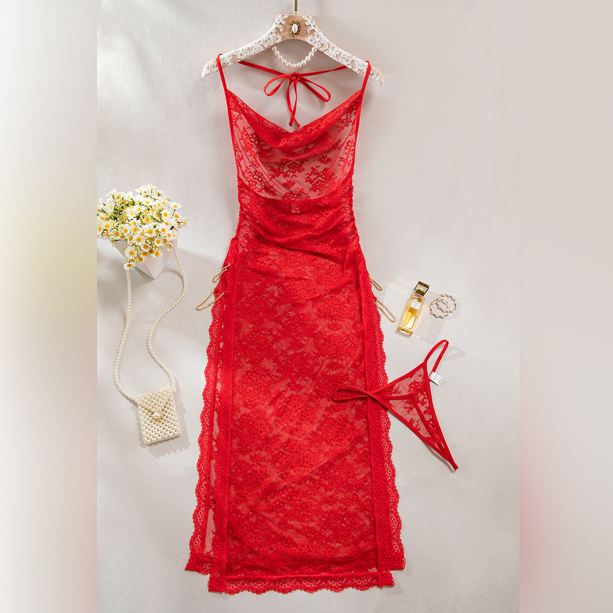 Sheer Mesh Chain High-Waist Babydoll Dress - detail view 40