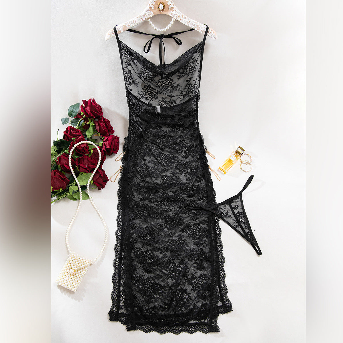 Sheer Mesh Chain High-Waist Babydoll Dress - detail view 60