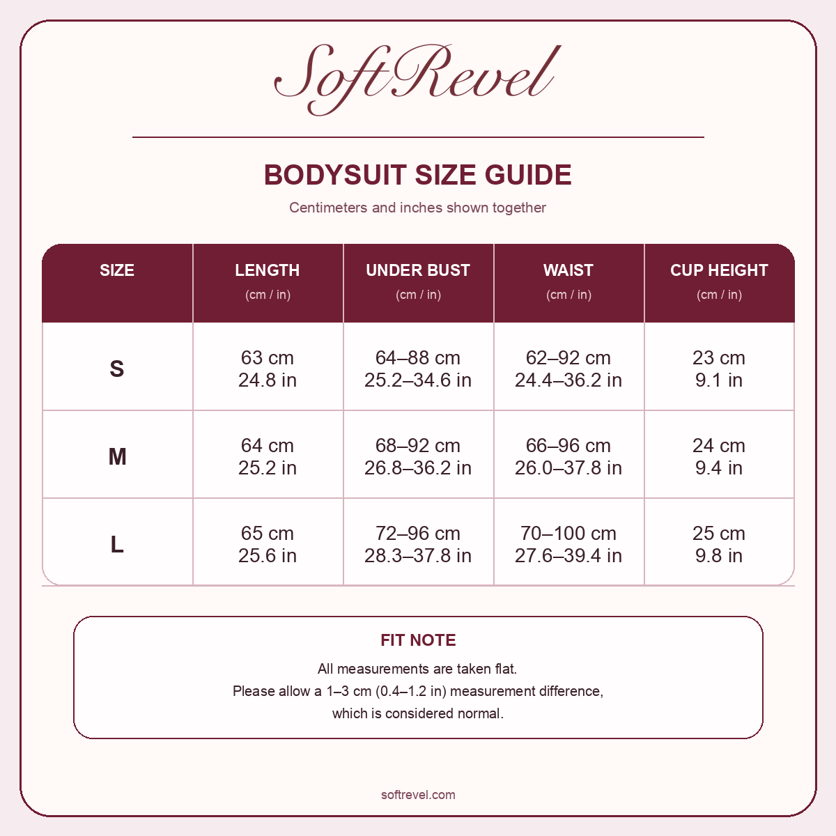 SoftRevel Size Guide — cm and in