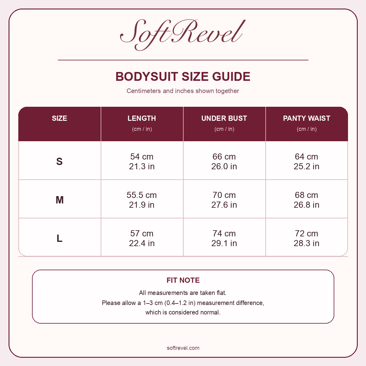 SoftRevel Size Guide — cm and in