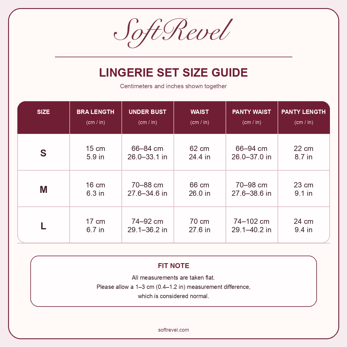 SoftRevel Size Guide — cm and in
