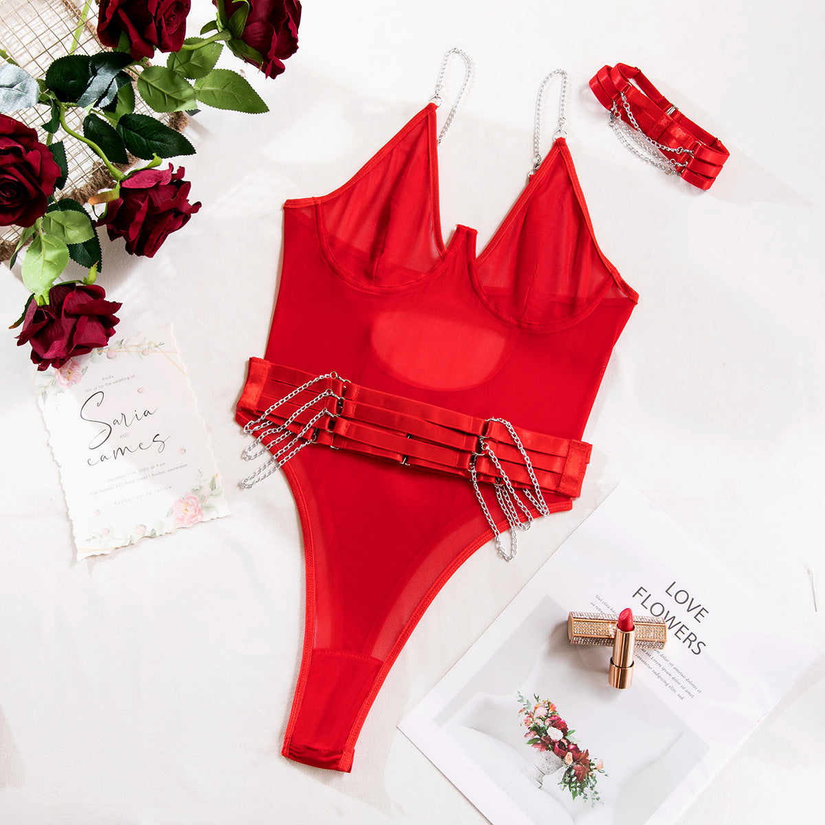 SoftRevel Sheer Mesh Push-Up Halter Bodysuit - flat lay