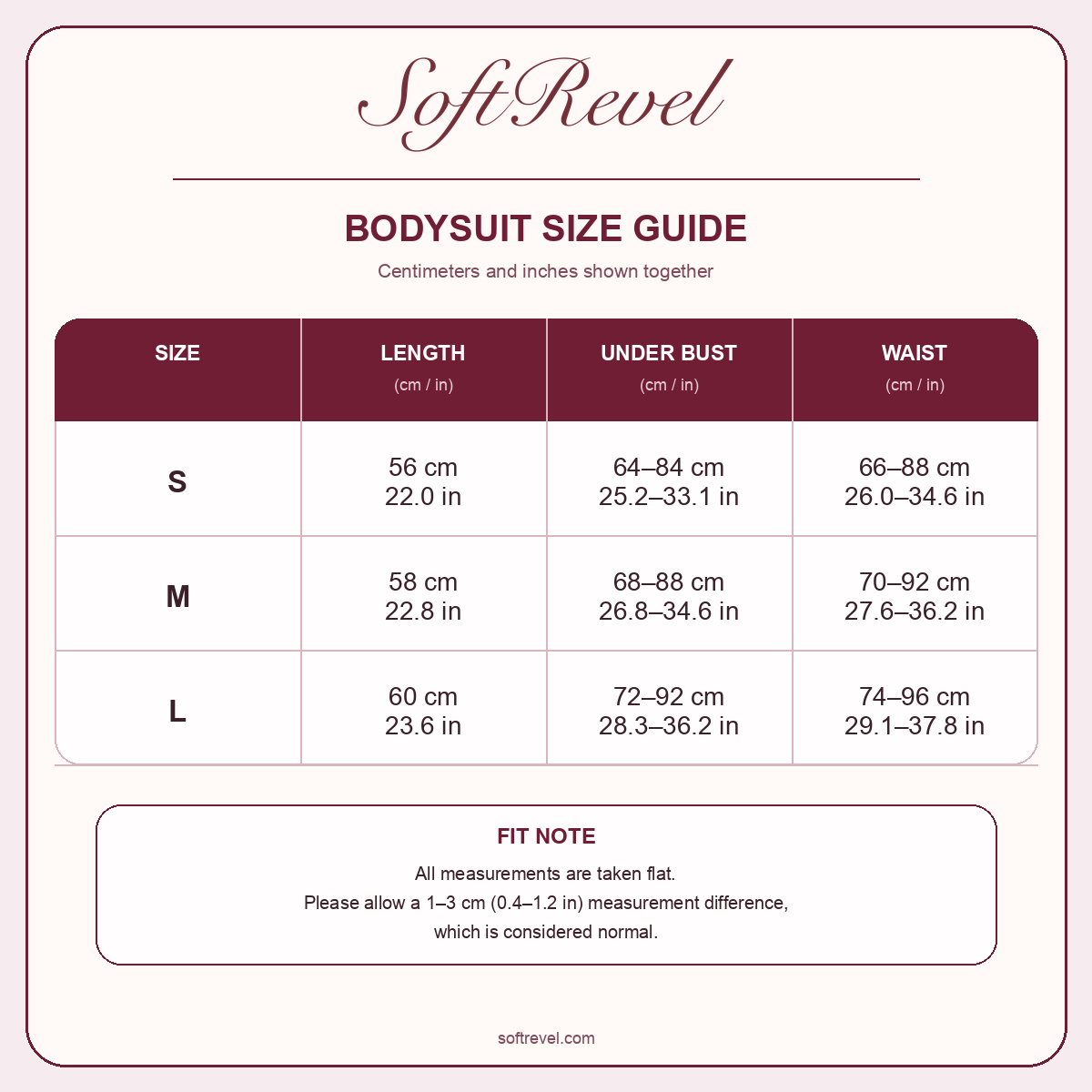 SoftRevel Size Guide — cm and in