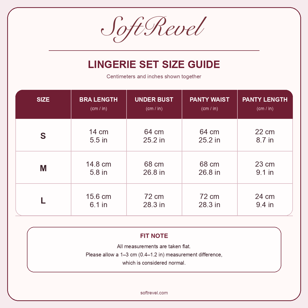 SoftRevel Size Guide — cm and in
