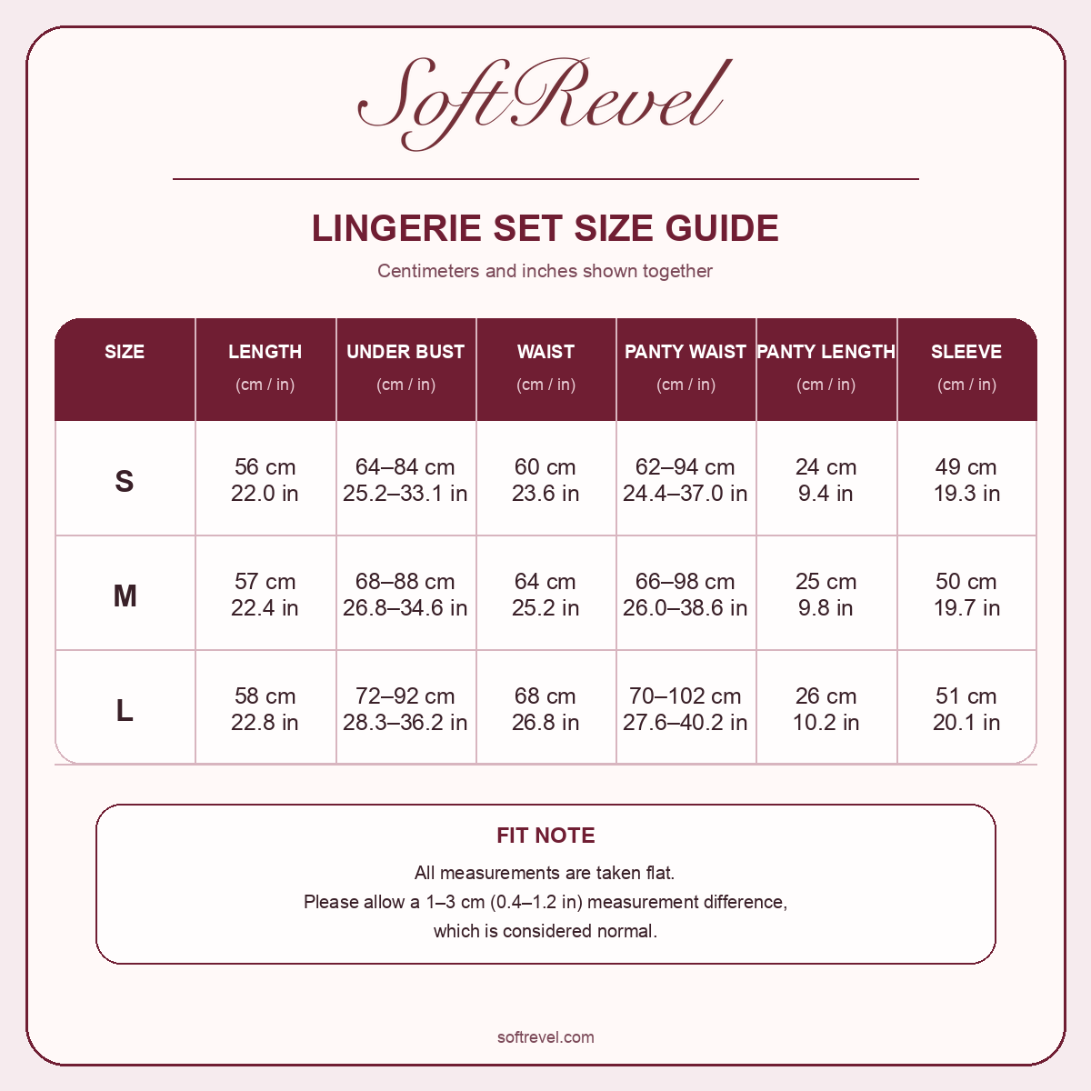 SoftRevel Size Guide — cm and in