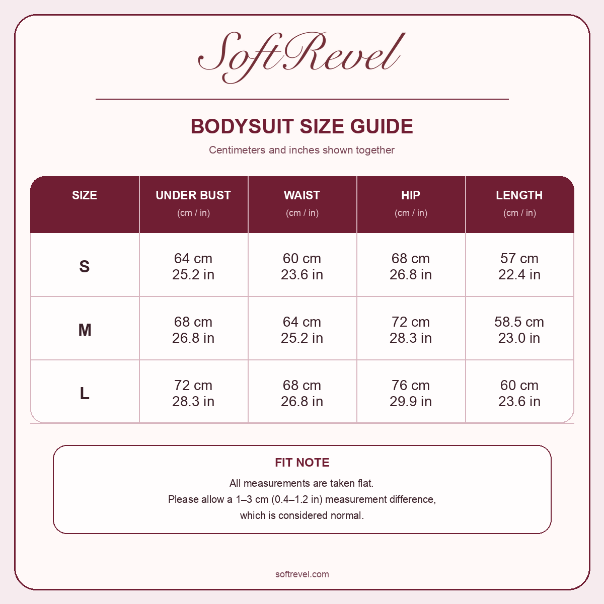 SoftRevel Size Guide — cm and in
