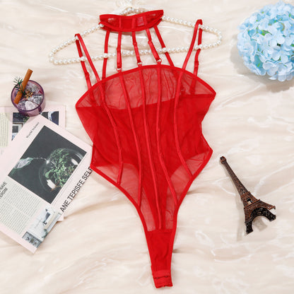 Strappy High-Neck Mesh Bodysuit - Red flat-lay view