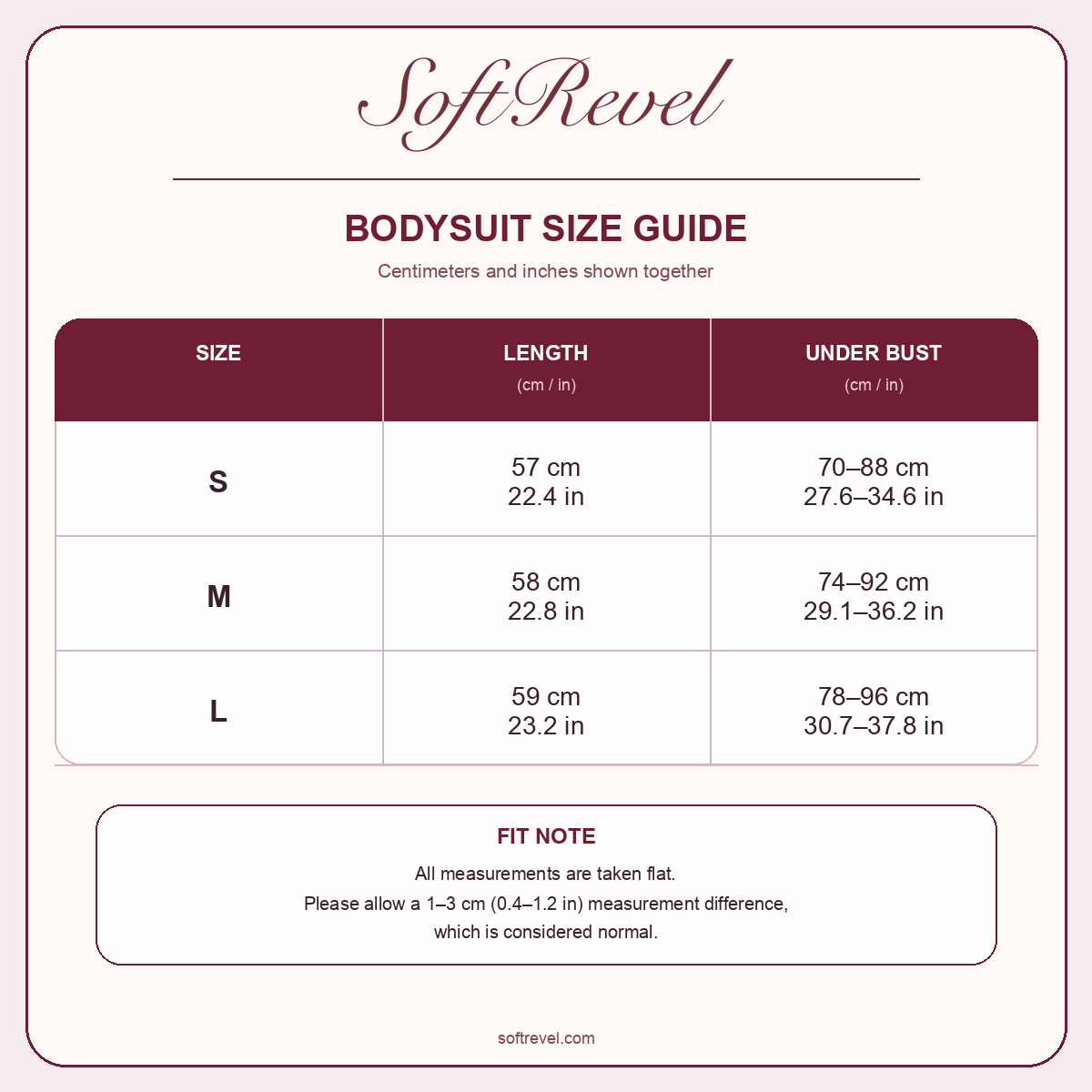 SoftRevel Size Guide — cm and in