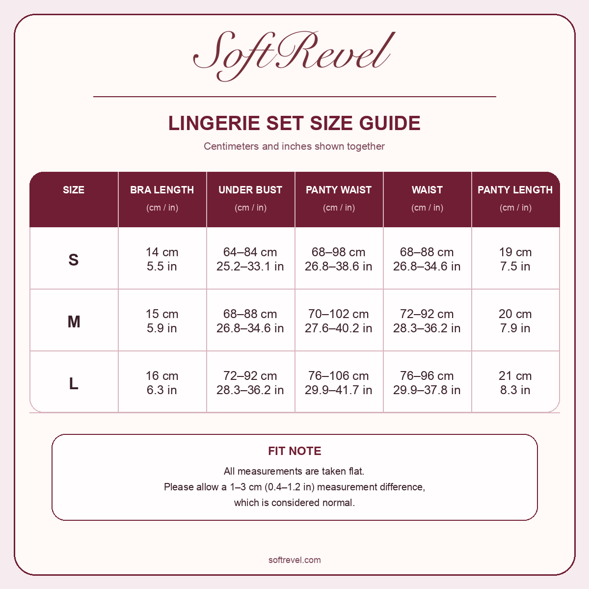 SoftRevel Size Guide — cm and in