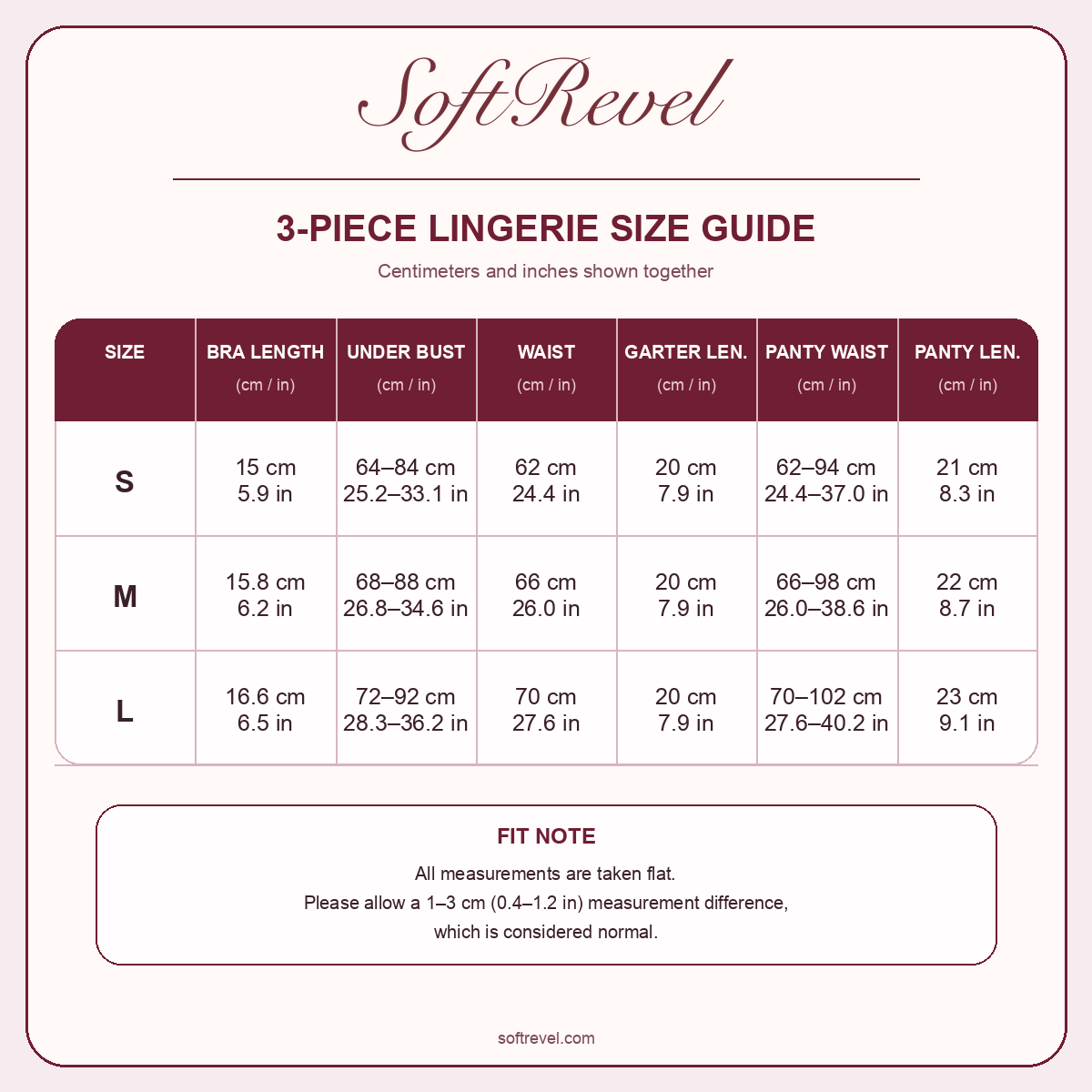 SoftRevel Size Guide — cm and in