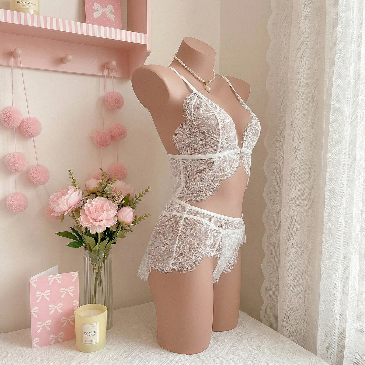 White Lace Sheer Mesh Lingerie Set - detail view 9