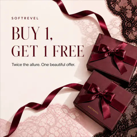 SoftRevel Buy 1, Get 1 Free promotion with two burgundy gift boxes